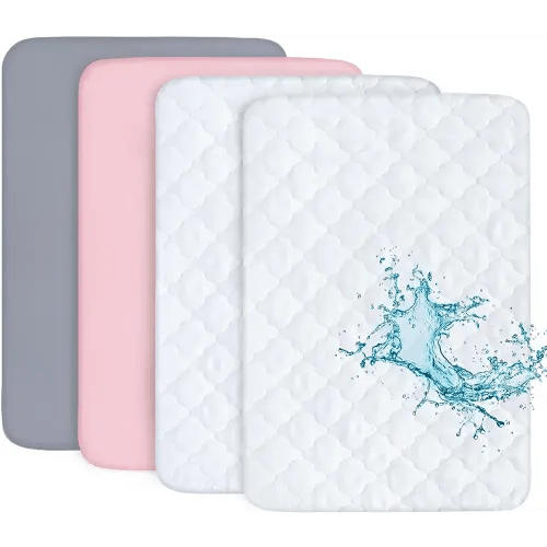 Pack and Play Sheets and Waterproof Pack n Play Mattress Protector Pad Cover 4 Pack Set, Ultra Soft Pack n Play Mattresses Sheets Compatible with Graco Pack n Play, Grey&Pink