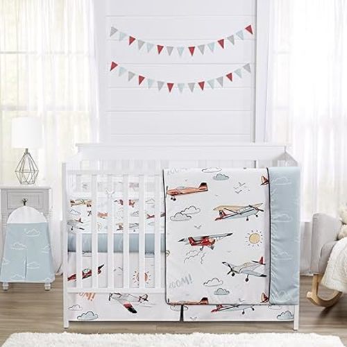 Sweet Jojo Designs Vintage Airplane Boy Baby Crib Bedding Set Infant Nursery Room BreathableBaby Breathable Mesh Crib Liner Blanket Fitted Sheet 6p Red Blue Air Planes Transportation Clouds Aviator