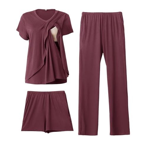 Rnxrbb V Neck Nursing Pajamas Set Postpartum Pajama Maternity Breastfeeding Pjs for Women 3 Pack Double Layer with Pockets