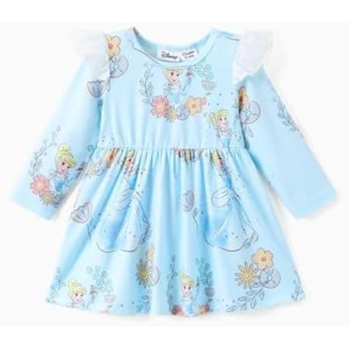 Disney Princess Frozen Elsa Minnie Mickey Stitch Ruffle Sleeve Dress A Line Long Sleeve Kids Clothes Baby to Toddler