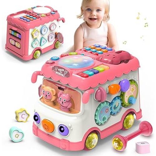 Montessori Toys for 1 Year Old Girl Gifts, Musical Toy for Baby 12-18 Months, Bus Toy with Gear, Matching Game, Sensory Learning Toddler Toys Age 1-2, 1st Birthday Gifts for Baby Girls