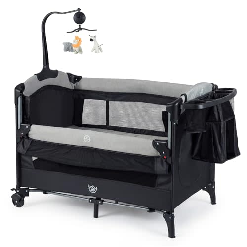 BABY JOY 5-in-1 Pack and Play, Baby Bedside Sleeper with Bassinet, Portable Baby Playard with U-Shaped Diaper Changer, Safety Strap, Multifunction Baby Bassinet Bedside Crib from Newborn to Toddlers