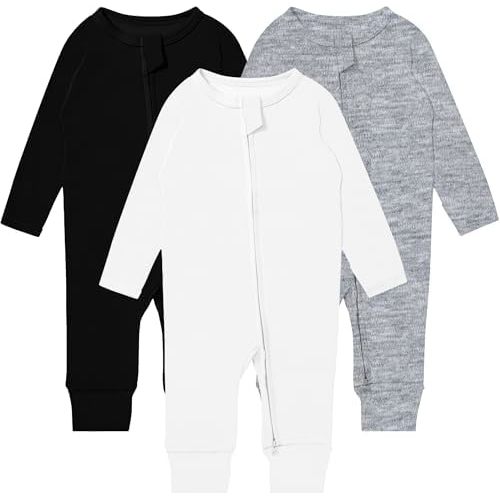 6-12 Months: GUISBY Long Sleeve Cotton Pajamas Footless Baby Bodysuits with Zipper and Mittens 3-Pack for Boys Girls