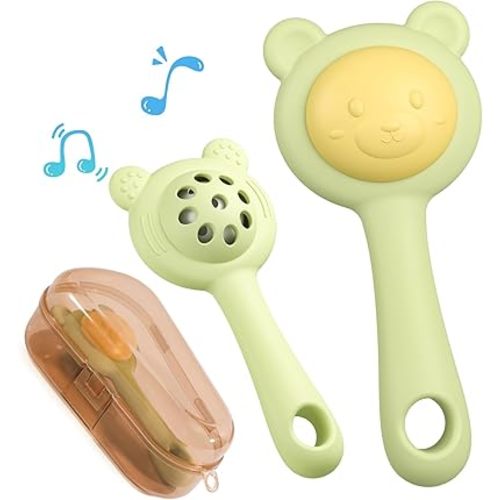Textured Silicone Teething Toys for Baby, 2 in 1 Rattle and Teether Toy, Sensory Exploration and Teething Relief, Easy to Hold Handles, 0+ Months (Green)