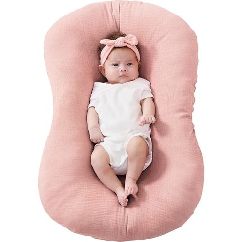 FUNUPUP Muslin Baby Lounger Cover Compatible with Snuggle Me Lounger, Infant Lounger Pillow Cover for Newborn, Removable Newborn Lounger Cover for Boys and Girls, Pink