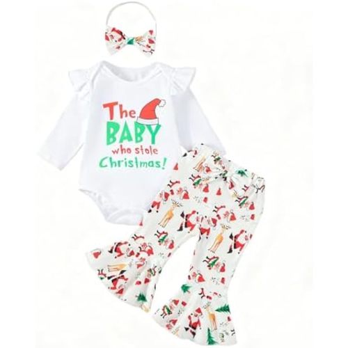 QITUDATEY Newborn Baby Girls My Firlst Christmas Outfits Who Stole Long Sleeve Romper Flared Pants Sets with Headband