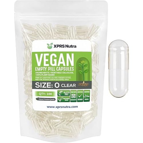 XPRS Nutra Size 0 Empty Capsules - 100 Clear Count Empty Vegan Capsules - Vegetarian Pill - DIY Vegetable Capsule Filling -Veggie Pills for Do-It-Yourself Supplements