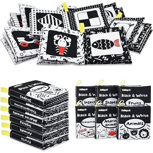 Dr.Rapeti Soft Cloth Books Baby Books Bath Books 6-Pack for Baby Infant Toddler Kids High Contrast Black and White Crinkle Washable Chewable Non-Toxic Early Educational Giftable