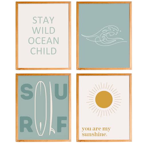 BearCake ocean decor for bedroom,ocean room decor of 4,Beach nursery decor,Surf themed classroom decoration for Playroom nursery,You are My Sunshine Wall 8x10 Inches
