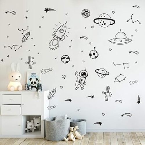 Outer Space Theme Wall Stickers for Boys Room – Rocket, Stars, Planets Vinyl Decals – Removable Galaxy Art for Kids Bedroom, Nursery, or Playroom – Easy Peel and Stick Decor (Black)