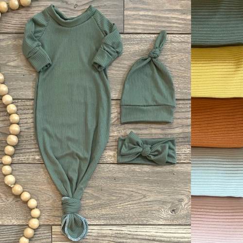 Knotted gown- Newborn gown- Tie knot gown- Fold over mits- Newborn outfit- going home outfit- ribbed knit