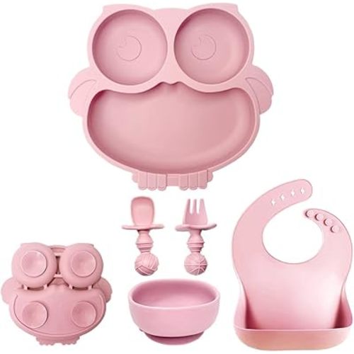 Baby Led Weaning Supplies | Baby Feeding Supplies | Baby Feeding Set Includes Toddler Divider Plate & Bowl with Suction Adjustable Bib First Stage Spoon Fork | Infant Self Eating Utensil (Pink)