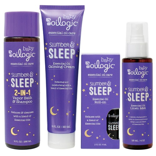 Oilogic, Baby Sleep Bundle, Essential Oil Roll on .2 oz, Vapor Bath 9 oz, Calming Cream 6 oz, Linen Mist, 4 oz