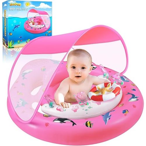 Baby Pool Float with Canopy, Baby Float for 6-36 Months, Baby Swimming Float, Toddler Pool Float with UPF50+ Sun Protection Canopy & Toy Play Console, Adjustable Safety Seat