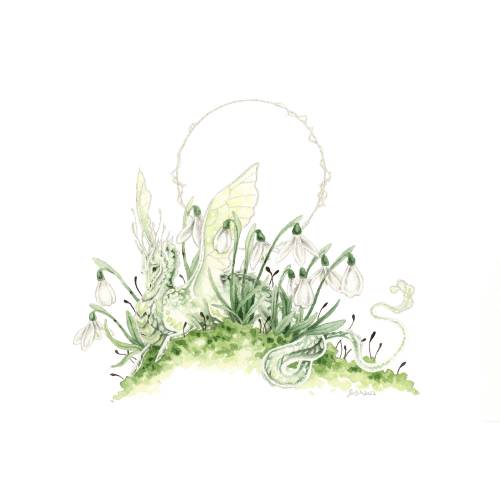Dragon Art Watercolor Print - Snowdrop Dragon - fantasy art. whimsical. flower art. illustration.