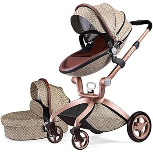 Hot Mom Baby Stroller: Baby Carriage with Adjustable Seat Height Angle and Four-Wheel Shock Absorption,Reversible,High Landscape and Fashional Pram (Grid)
