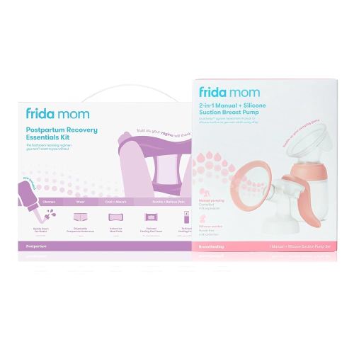 Frida Mom Postpartum Recovery Essentials Kit and 2-in-1 Manual Breast Pump Bundle, 11pc Gift Set + Hands-Free Silicone Suction Cup Milk Collector and SoftFeel Flange for Breastfeeding