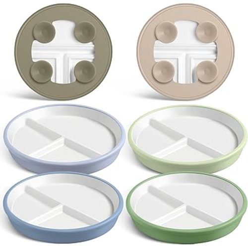 Domensi 6pcs 8" Porcelain Kids Plates with Anti-slip Silicone Sleeve White Divided Porcelain Plates with Suction for Toddler Microwave Dishwasher Friendly (Blue,Green,Lilac,Sage,Gray,Beige)