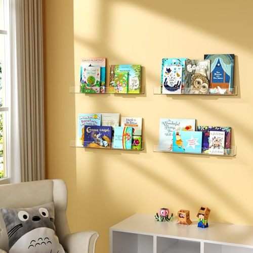 NIUBEE 24-Inch Acrylic Kids Floating Bookshelves, 2-Pack, Wall Mounted Clear Shelves for Kids' Growing Book Collections