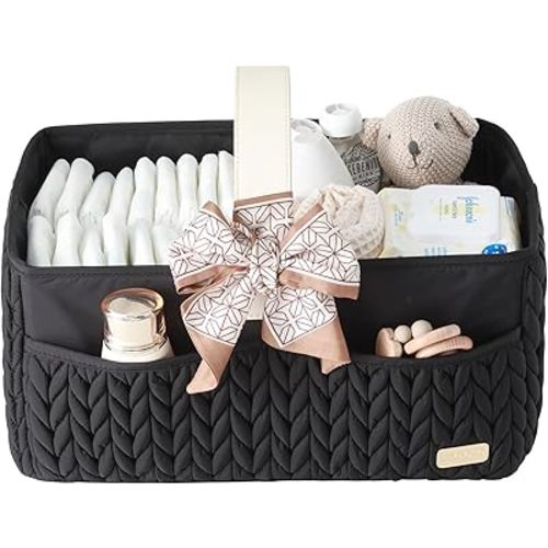 Luxurious Baby Diaper Caddy, Nursery Storage Basket for Newborn Essentials, Travel Baby Basket for Diapers Baby Wipes, Organizer Tote Bag Storage Bin, Baby Shower Gifts(black)