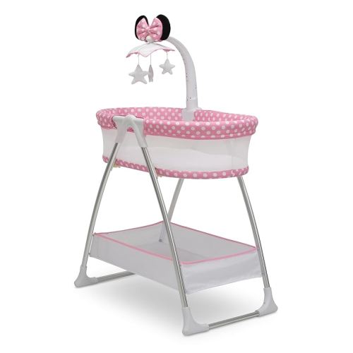Delta Children – Disney Minnie Mouse Bassinet with Rotating Mobile Arm, Vibration, Nightlight and Music, White/Pink