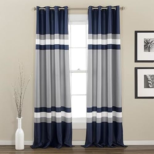 Lush Decor Alexander Stripe Light Filtering Window Curtain Panel Pair, 52"W x 84"L, Navy