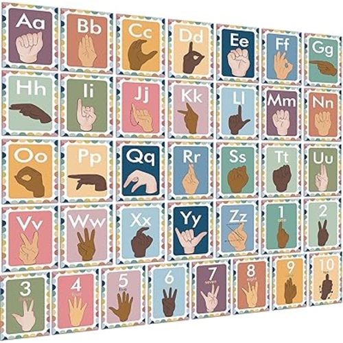 YIYDONG 36 Pieces ASL Alphabet Line Bulletin Board Set ABC Number Sign Language Flash Cards Wall Decorations for Pre-School Kindergarten Elementary Classroom Nursery Homeschool (Bohemia)