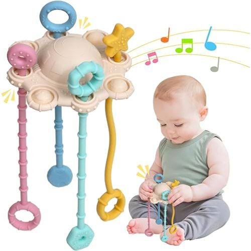 Montesorri-Toys - Montessori Pull String Toy - Made of 100% Food Grade Silicone with Built-in Rattle Function and Easy to Clean Design (Cream Color)
