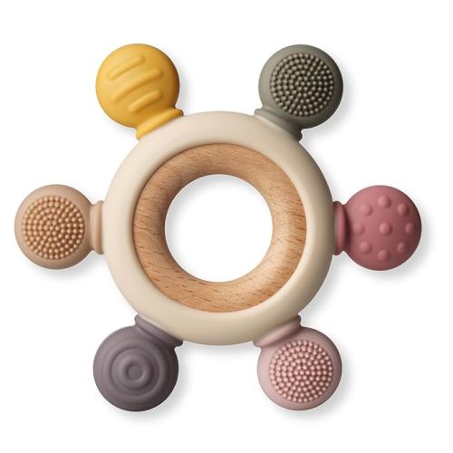Baby Teething Toys, Silicone Chewable Toys with Organic Wooden Ring for Infants 3+ Months, Silicone Teething Toys for Soothing Sore Gums, Sucking Needs (6 Directions, Khaki)
