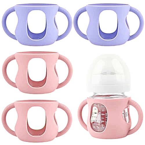 Frezonika 4 Pack Silicone Sleeves for Avent Natural Glass Baby Bottles, Silicone and Easy-Grip Handles for Drop Protection, Compatible with Philips Avent 4/8 OZ Glass Bottle (2 Pink+2 Purple, 4 OZ)