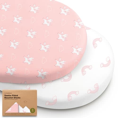 2-Pack Organic Bassinet Sheets for Girls, Boys - 100% Cotton Bassinet Mattress Sheets Compatible with Halo Bassinest Swivel Sleeper, Graco,Baby Delight,Chicco,Unisex Fitted Bassinet Sheets (Dreamland)