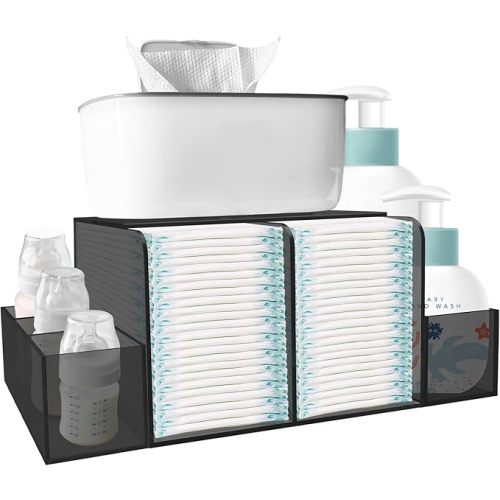 Acrylic Diaper Caddy Organizer for Changing Table, Detachable Clear Diaper Storage for Baby Wipe Dispenser, Wipe Warmer and other Diapering Essentials, Black