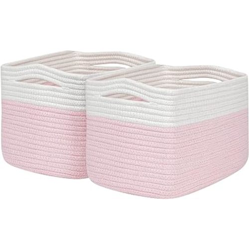 Pink Girls Baby Nursery Rope Toys Baskets , Decorative Woven Storage Baskets for Gift, Cubes Storage Organizer Baskets Bins, Closet Shelf Storage Baskets for Organizing