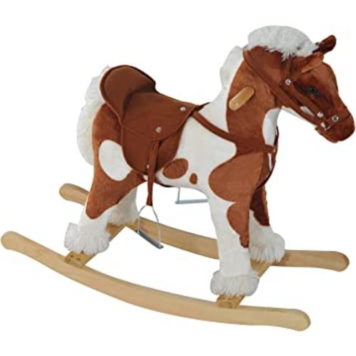 Qaba Wooden Toddler Rocking Horse, Kids Plush Rocking Chair Toy with Nursery Rhyme Music Brown