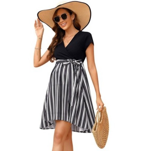 WhizMax Women's Maternity Dress Casual Short Sleeve Summer High Waist A Line Dress for Photoshop Baby Shower Black&WhiteStrip XL