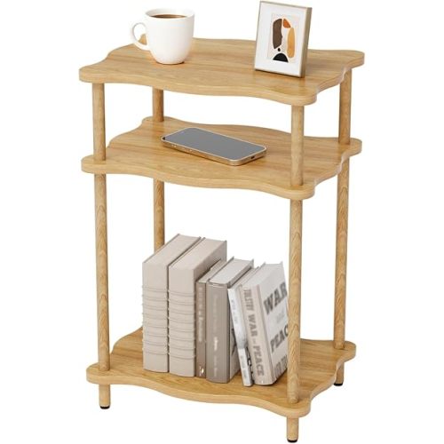 3-Tier Side Table, 15.7”x11.8”x23” Space-Saving End Table with Solid Wood Legs, Tool-Free Assembly Nightstand for Bedroom Living Room, Burlywood
