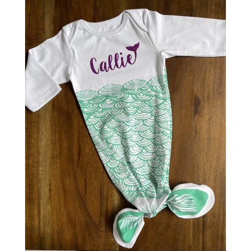 Personalized Mermaid Infant Cotton Knot Gown, Monogram Little Newborn Outfit, Monogrammed Coming Home Sleeper, Knotted Mermaids Baby Gown