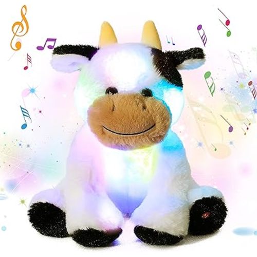 Cuteoy Musical Plush Cow Stuffed Animal Soft Glowing LED Light-up Nightlight Toys Singing Lullabies Birthday Christmas Plushies Gifts for Kids Boys Girls,10"