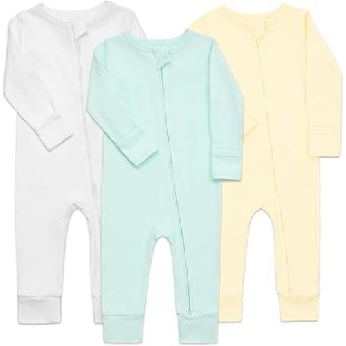 Aablexema 3-Pack Organic Cotton Baby Footless Pajamas with Mitten Cuffs, 2-Way Zipper Romper Sleepers