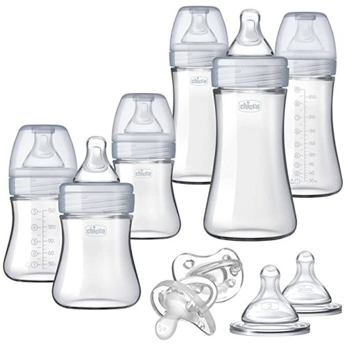 Chicco Duo Deluxe Hybrid Baby Bottle Gift Set with Invinci-Glass Inside/Plastic Outside in Clear/Grey, 10 Piece - 10 piece deluxe set