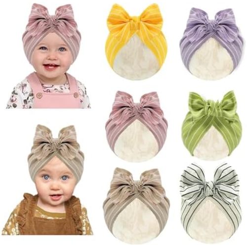 Baby Girls Hair Bow Turban Hat 6PCS Set, Top Bowknot Head Wrap Beanie India Caps for Infant Toddlers