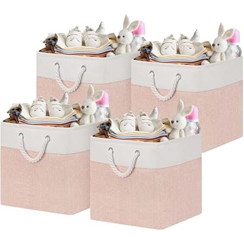Oterri 4 Pack Foldable Storage Cubes, Cube Storage Bins,13x13 Inch Fabric Cubes Storage Basket, Decorative Storage Basket for Home, Shelves, Nursery Organizers(Orange-pink/White)