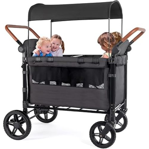 Wagon Stroller for 4 Kids, Foldable Frame with Adjustable Handle for Toddler Includes Canopy, Organizer and 5 Point Harness