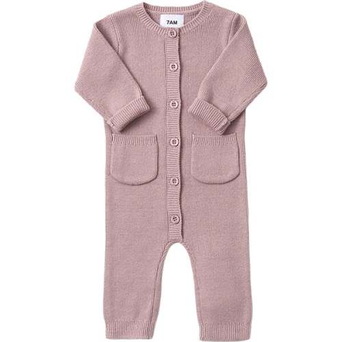 Chunky Ribbed Knit Round Neck Long Sleeve Fitted Romper, Ash Rose - 7AM Enfant | Maisonette
