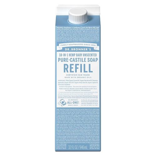 Dr. Bronner's Pure-Castile Liquid Soap Refill - Made with Regenerative Organic Certified Oils, 82% Less Plastic - 18-in-1 Uses, For Face, Body Wash, Hand Soap Refill & More - Baby Unscented, 32oz