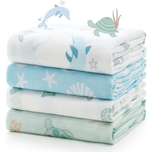 Momcozy Muslin Swaddle Blankets, 4-Pack, Large 47"x47" Ocean Pixie Dream