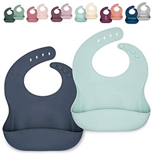 Ava + Oliver Silicone Bib Set - Waterproof Bibs Made with BPA Free Silicone - Perfect for Girls and Boys - Easy Clean Babies or Toddler Adjustable - Excellent Baby Shower Gift, Set of 2 (Blue Skies)