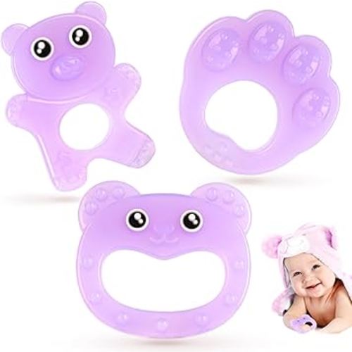 NPET Cute Bear Baby Teething Toys 3 Pcs See-through Purple Teethers for Babies 3-12 Months Bear Shape Silicone Teethers for Babies BPA Free Soothes Gum Massage Points Easy to Hold & Clean