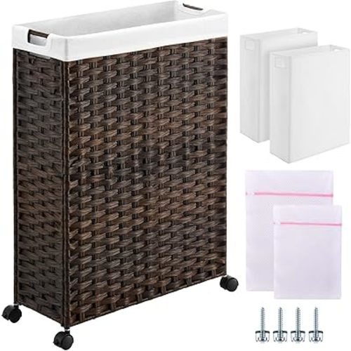 Greenstell Laundry Hamper with Wheels, 66L Slim Laundry Basket with 2 Removable Liner Bags & 2 Mesh Bags, Narrow Dirty Clothes Basket, Handwoven Synthetic Rattan Organizer in Bathroom, Bedroom, Brown