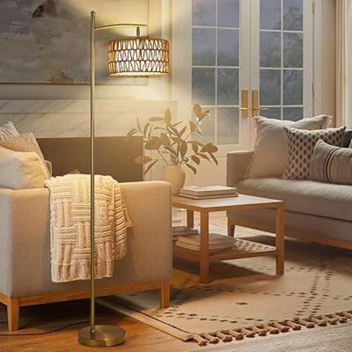 Netin Gold Floor Lamps for Living Room, Boho Rattan Floor Lamp, Arc Floor Lamp with Remote, Dimmable Floor Lamp with 3 Color Temperatures, Tall Lamp for Bedroom, Farmhouse, Office